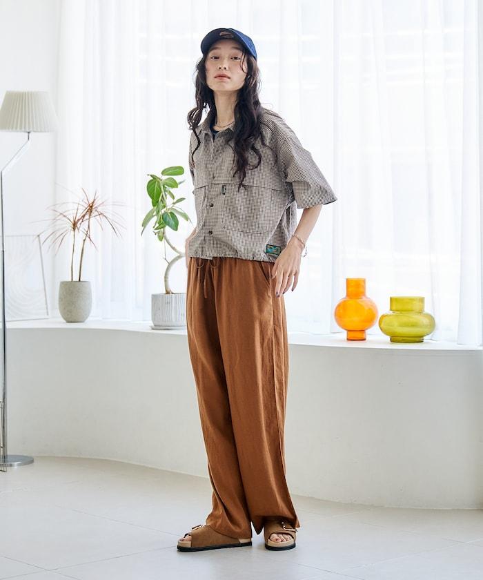 亞麻混紡鬆緊設計休閒褲（套裝可搭配）