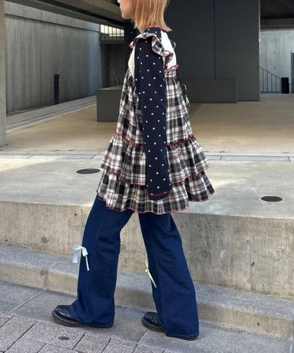 格紋寬鬆束腰連衣裙