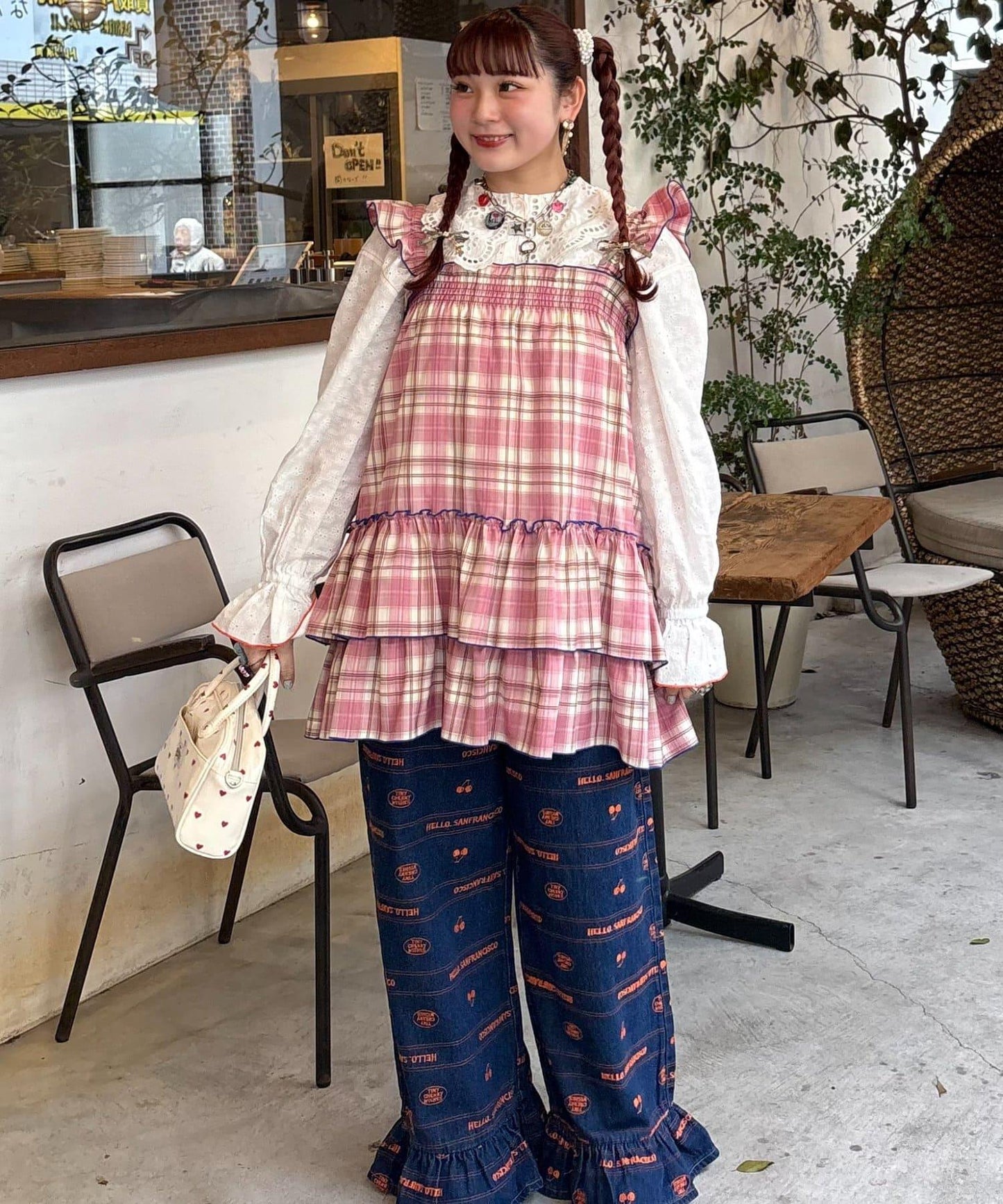 格紋寬鬆束腰連衣裙