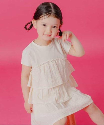拼接荷葉邊法式短袖上衣