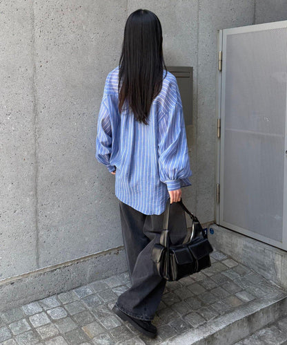 條紋透視立領長袖襯衫