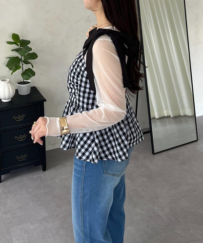 肩部蝴蝶結 格紋 束胸上衣