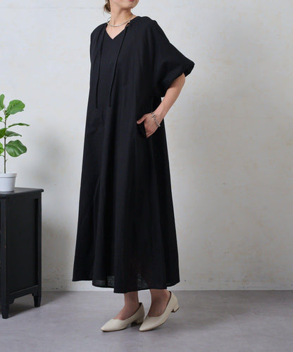 鑰匙領 亞麻 連衣裙