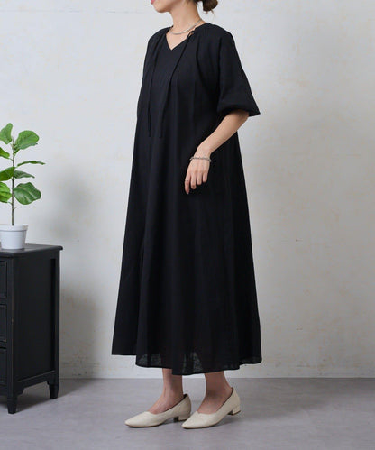 鑰匙領 亞麻 連衣裙