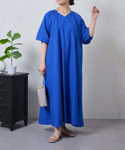 鑰匙領 亞麻 連衣裙