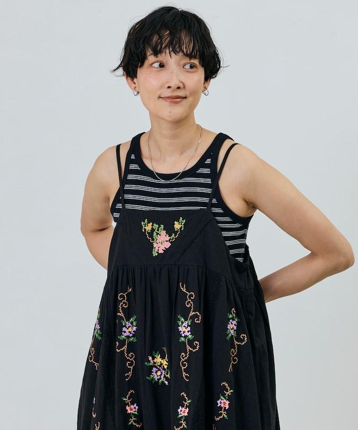 印度風花卉十字刺繡蕾絲 吊帶連衣裙
