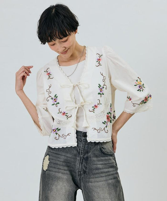 印度風花卉十字刺繡 蕾絲 短款披肩