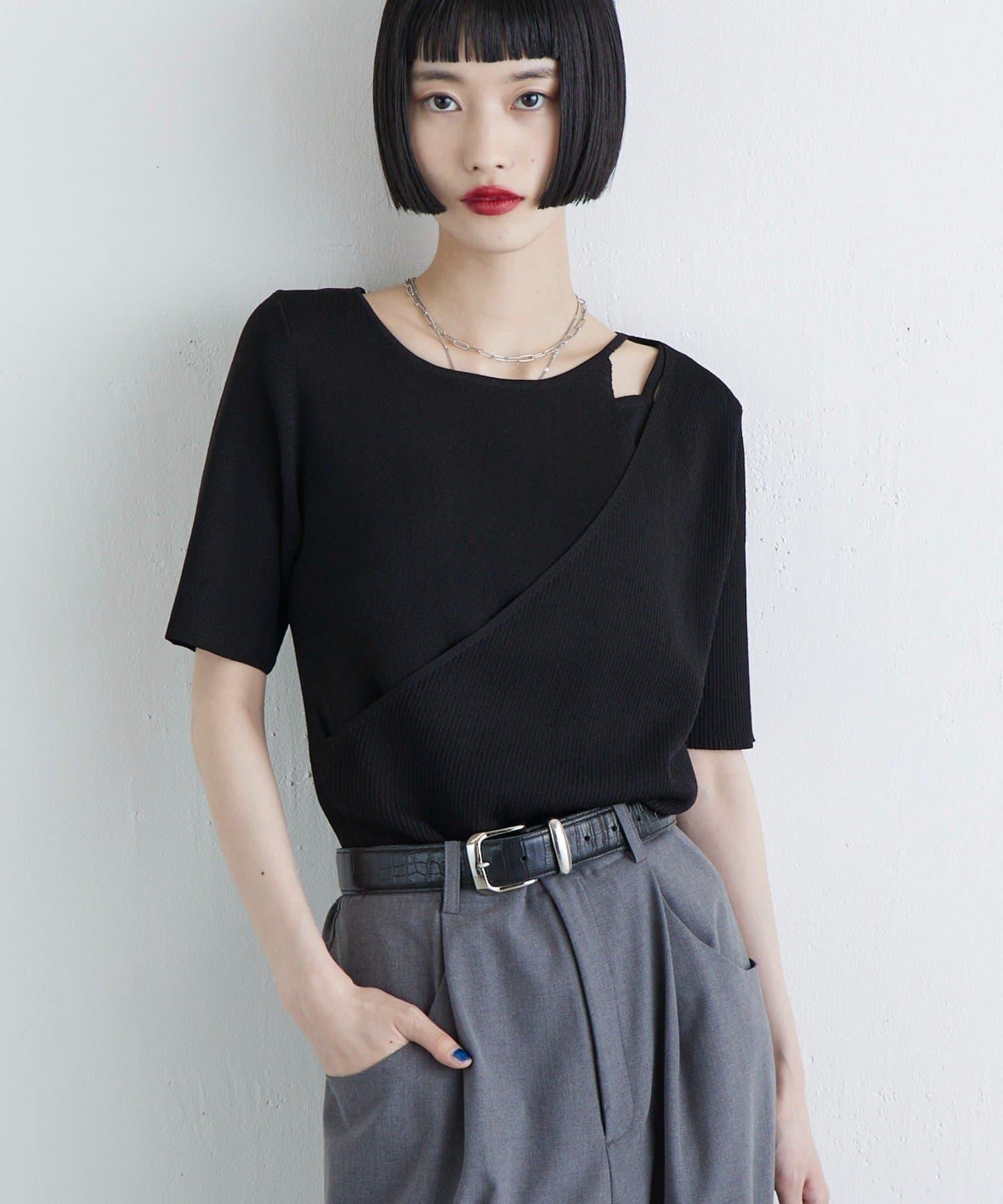 層次感短袖針織套頭衫