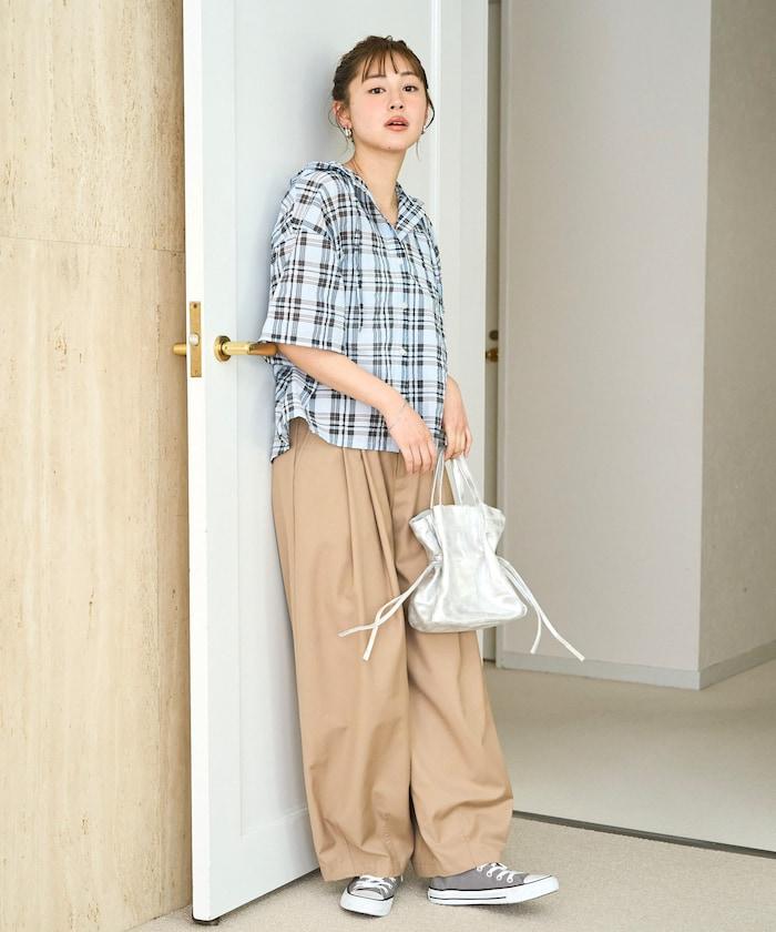 透紗格紋連帽短款紐扣襯衫