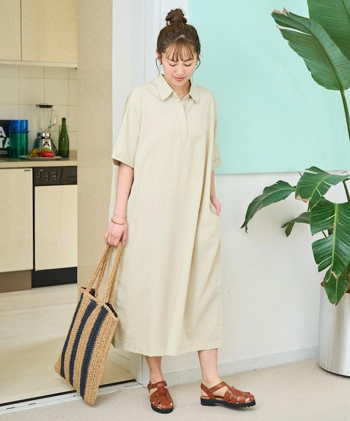 亞麻感 帶領 短袖 襯衫連衣裙