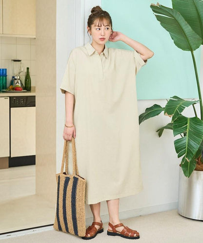 亞麻感 帶領 短袖 襯衫連衣裙