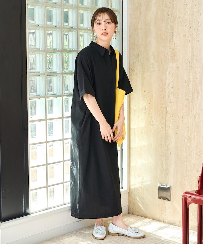 亞麻感 帶領 短袖 襯衫連衣裙