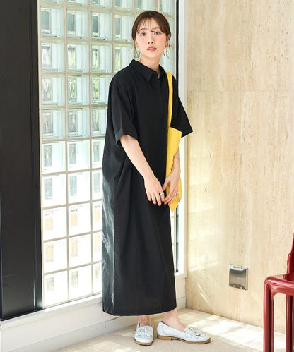 亞麻感 帶領 短袖 襯衫連衣裙