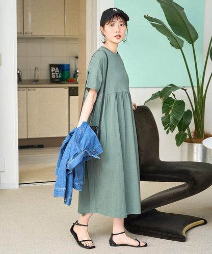 腰部抽褶拼接 短袖 連衣裙