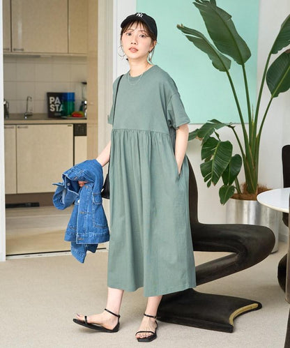 腰部抽褶拼接 短袖 連衣裙
