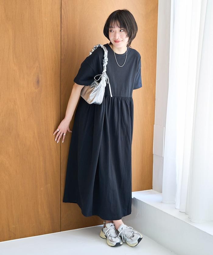 腰部抽褶拼接 短袖 連衣裙