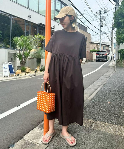 腰部抽褶拼接 短袖 連衣裙