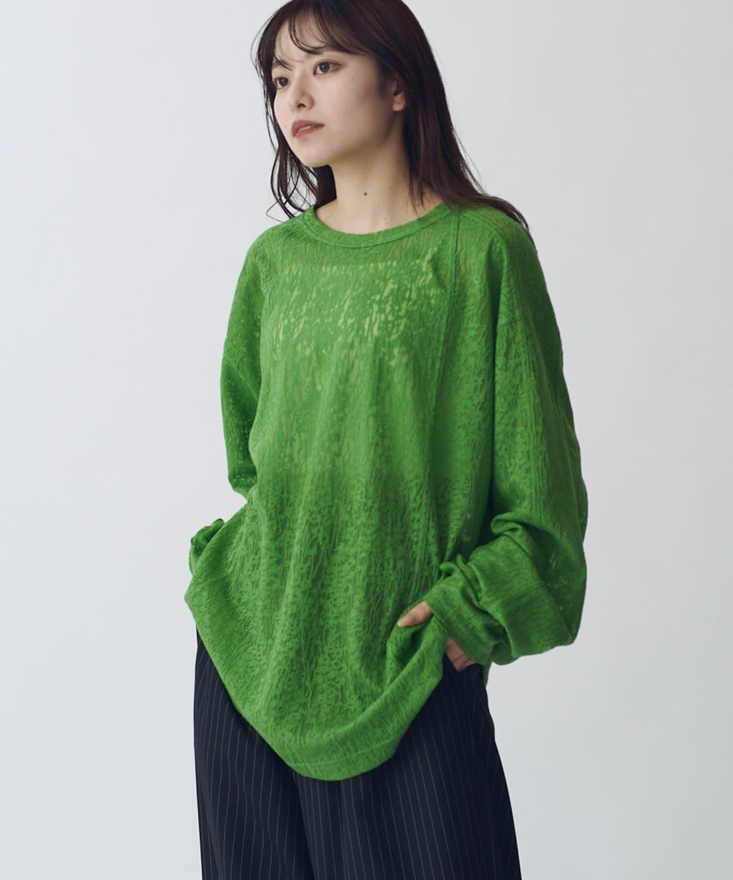 拼接透紗套頭上衣