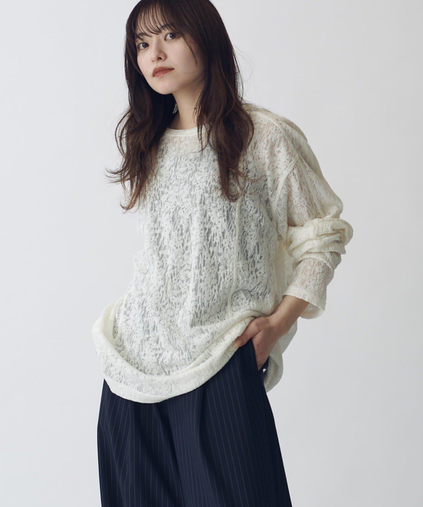 拼接透紗套頭上衣