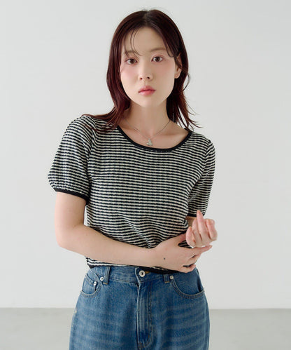 條紋泡泡袖短袖針織上衣