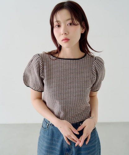 條紋泡泡袖短袖針織上衣