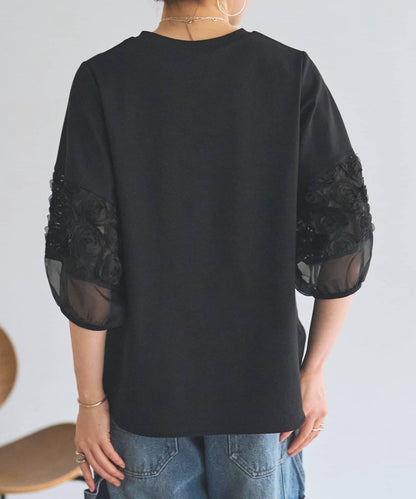 荷葉邊刺繡拼接套頭上衣