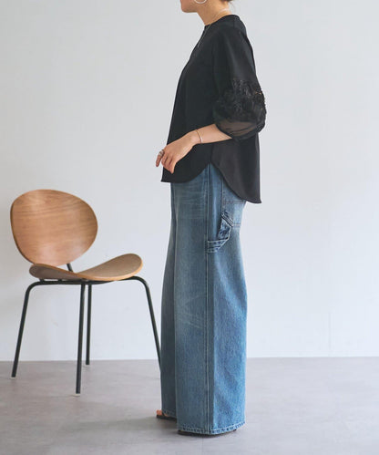 荷葉邊刺繡拼接套頭上衣