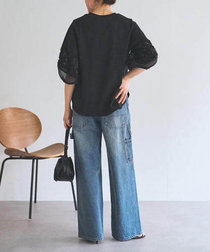 荷葉邊刺繡拼接套頭上衣