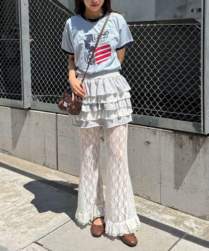 蕾絲喇叭層疊荷葉邊褲子