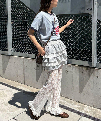 蕾絲喇叭層疊荷葉邊褲子
