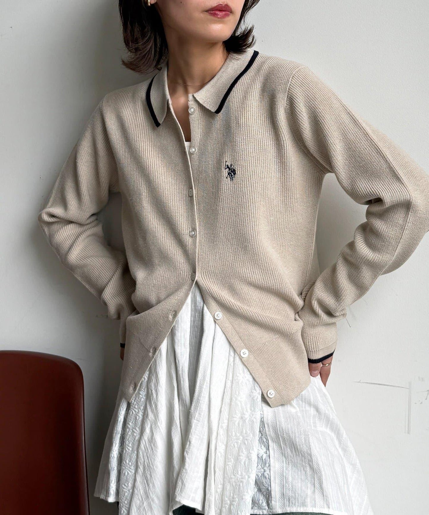 U.S. POLO ASSN. 翻領紐釦針織開衫