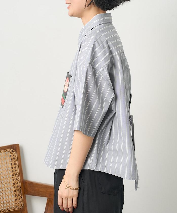 聯名 條紋 後蝴蝶結 短袖襯衫
