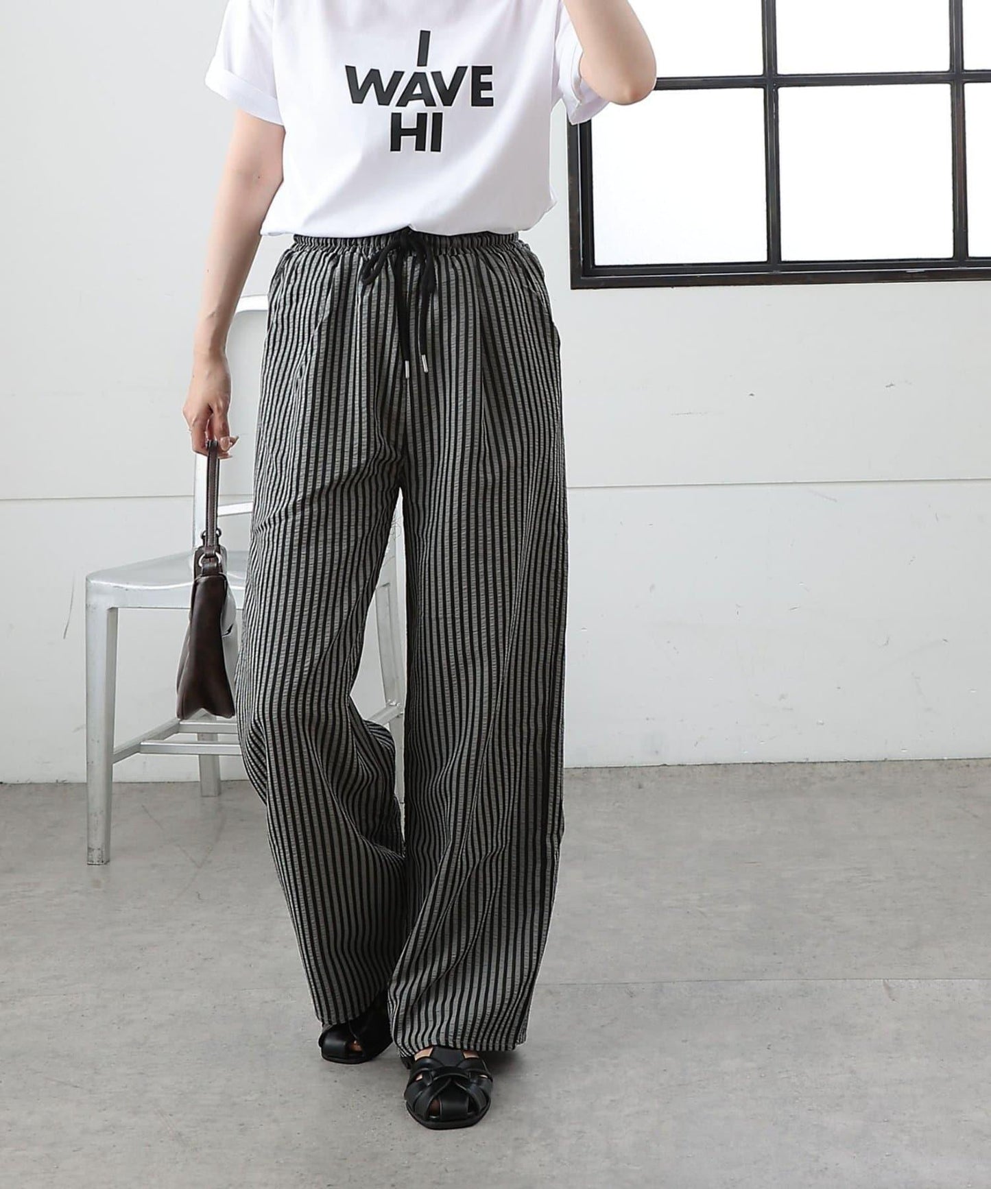 條紋寬鬆鬆緊休閒褲