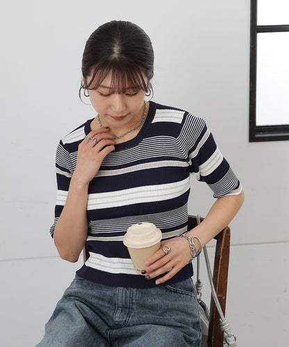 多色條紋短袖針織套頭衫（復刻・）