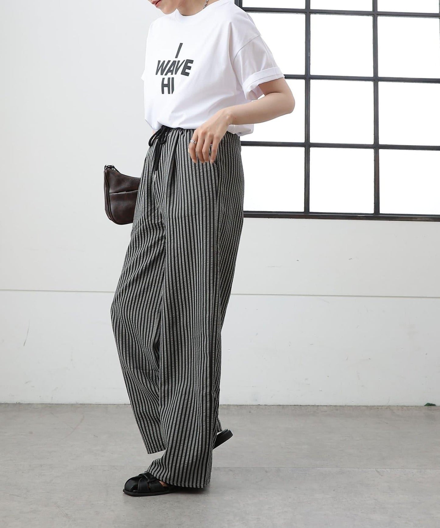 條紋寬鬆鬆緊休閒褲