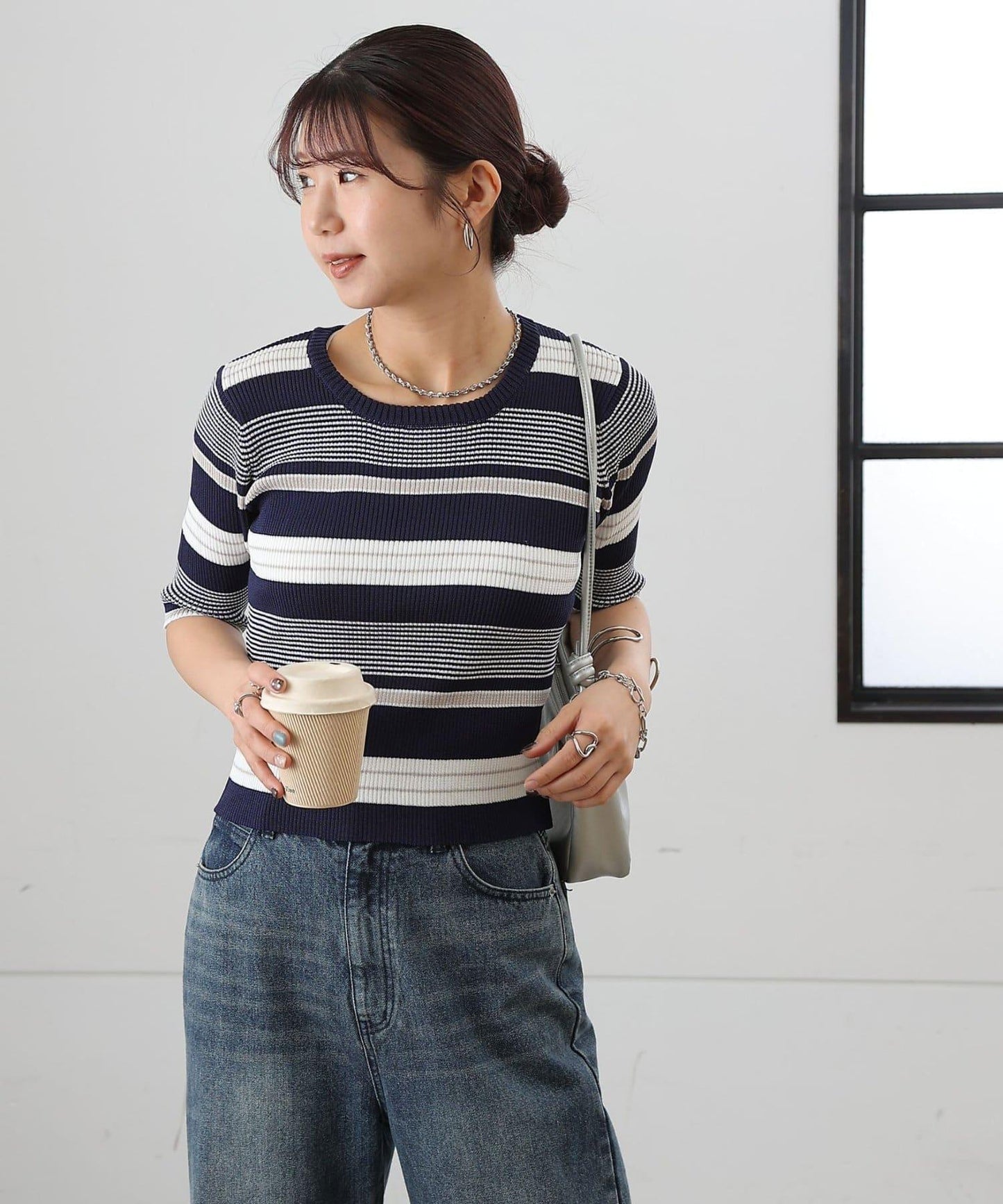 多色條紋短袖針織套頭衫（復刻・）