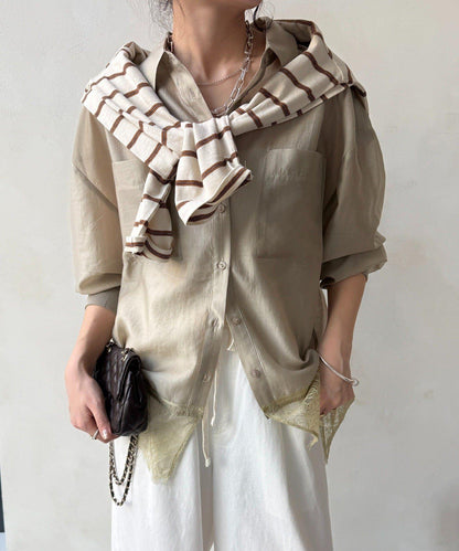 下襬蕾絲拼接 透紗襯衫