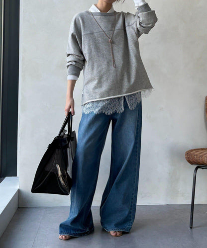 下襬蕾絲拼接 透紗襯衫