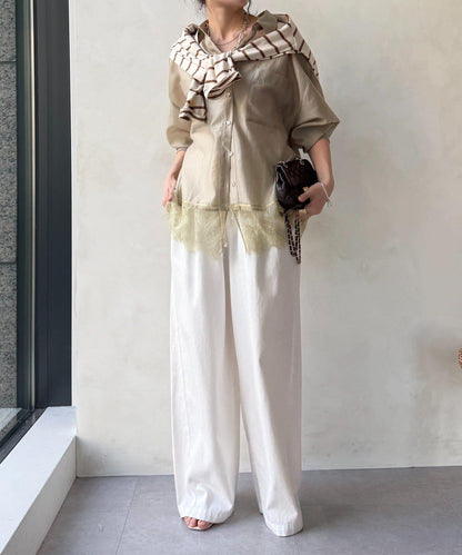 下襬蕾絲拼接 透紗襯衫