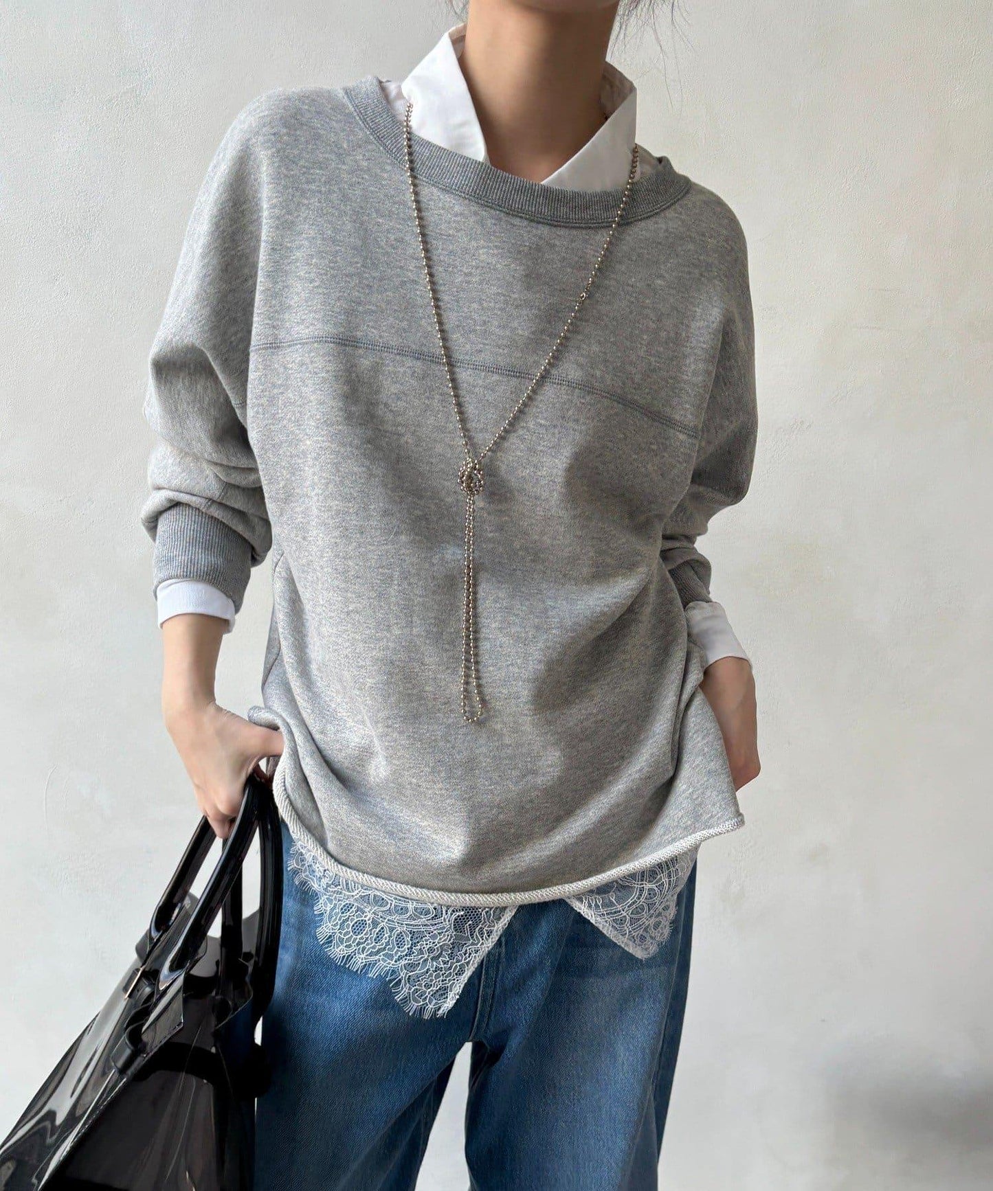 下襬蕾絲拼接 透紗襯衫