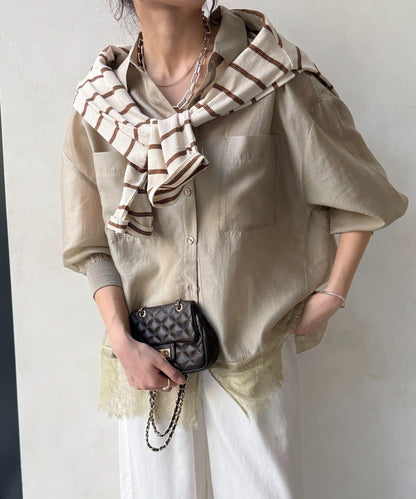 下襬蕾絲拼接 透紗襯衫