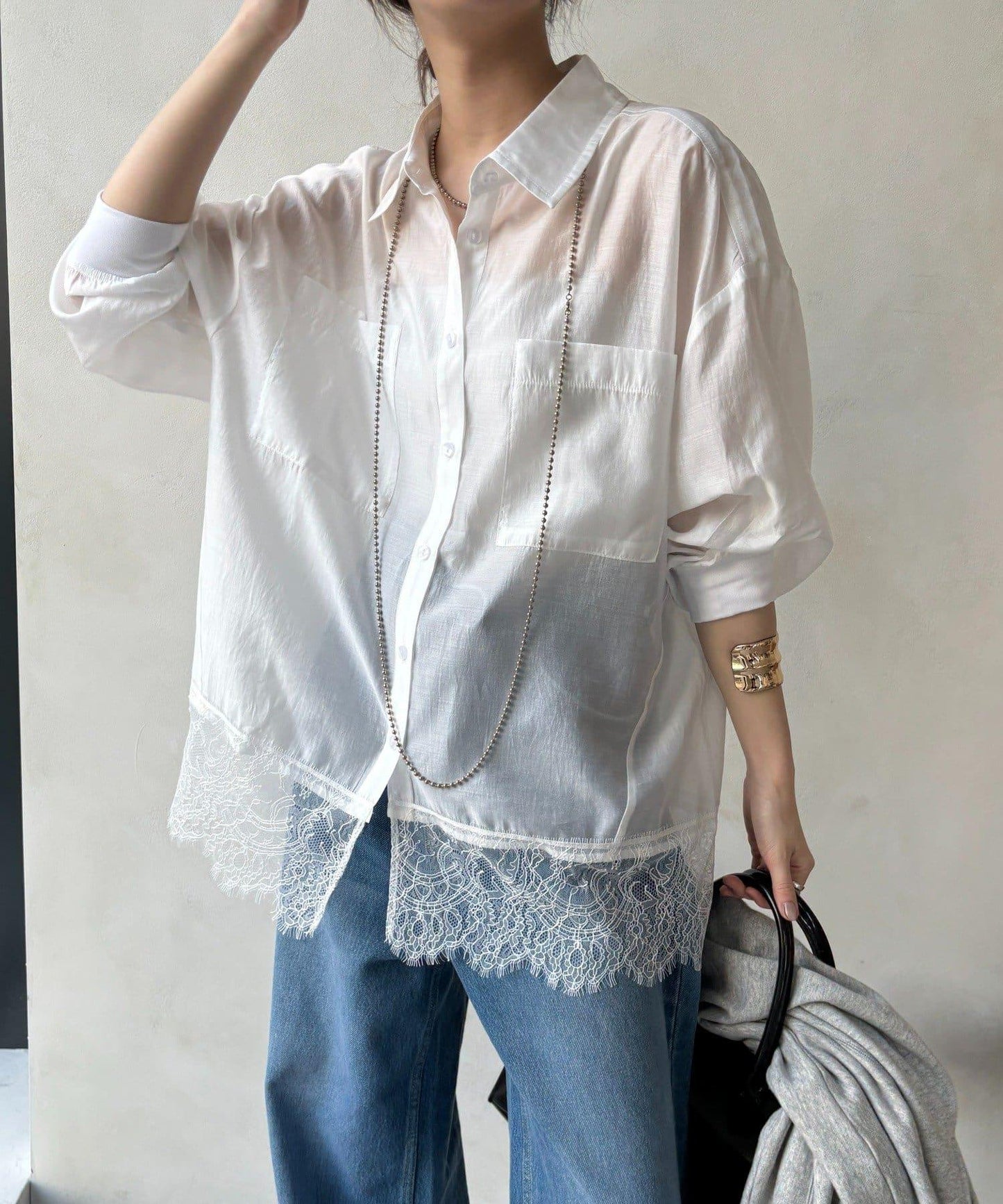 下襬蕾絲拼接 透紗襯衫