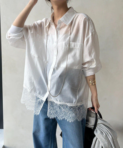 下襬蕾絲拼接 透紗襯衫