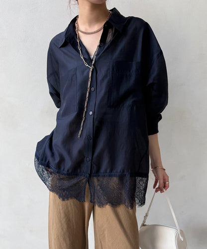 下襬蕾絲拼接 透紗襯衫