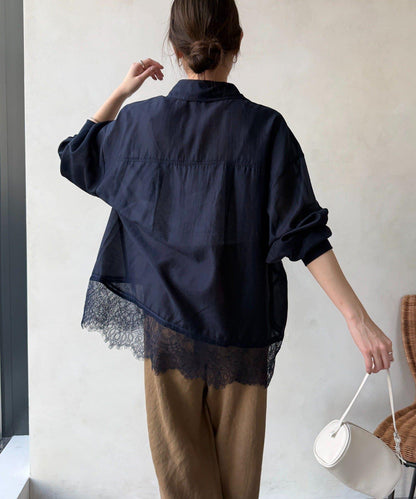 下襬蕾絲拼接 透紗襯衫