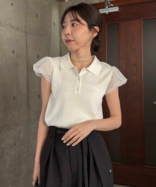 小泡泡袖 Polo 針織上衣