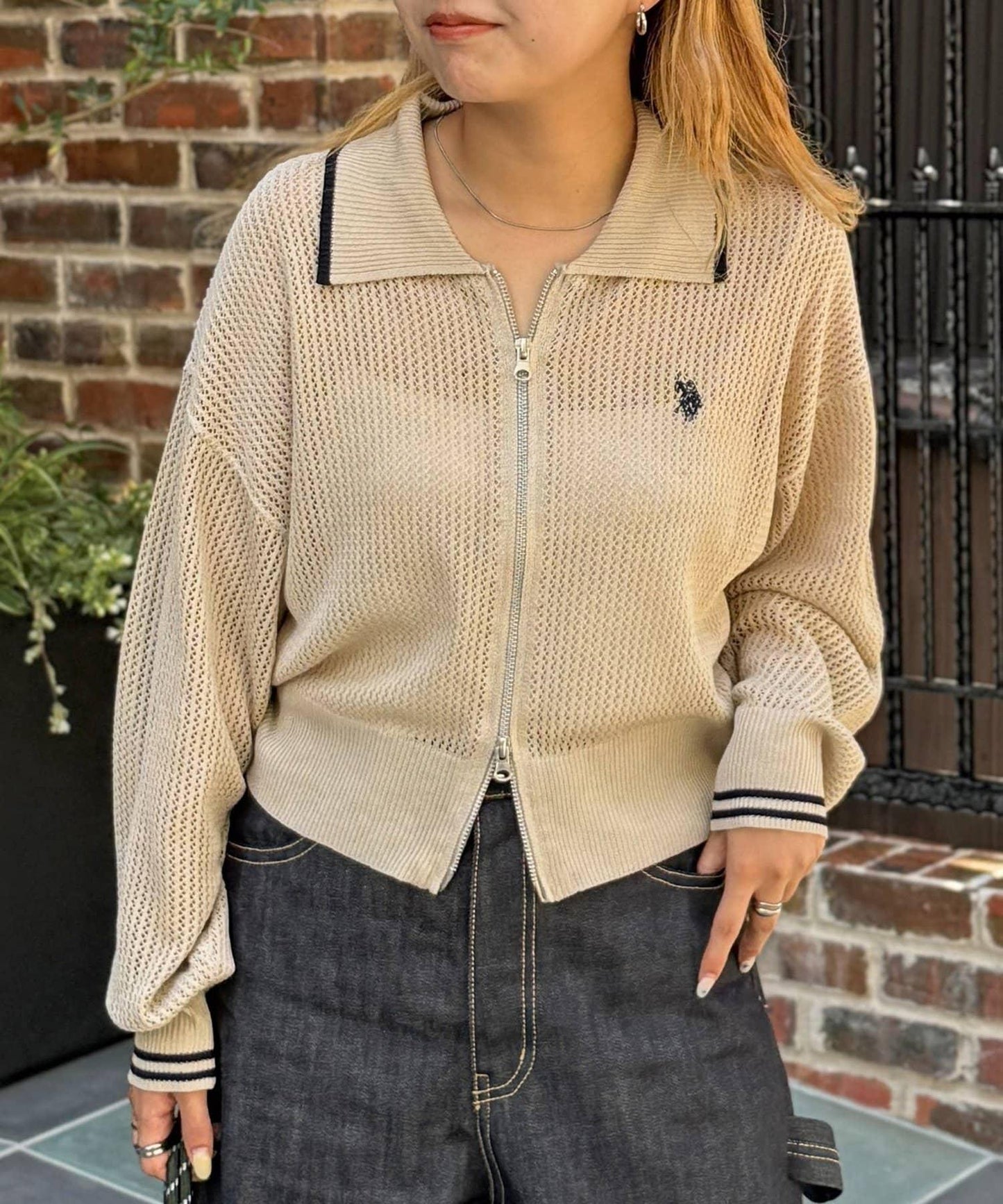 U.S. POLO ASSN. 帶領網眼針織開衫