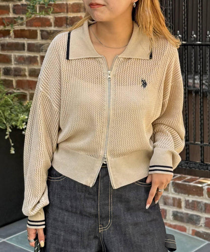 U.S. POLO ASSN. 帶領網眼針織開衫