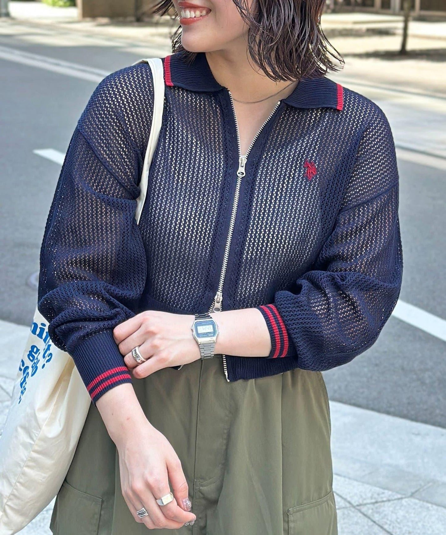 U.S. POLO ASSN. 帶領網眼針織開衫