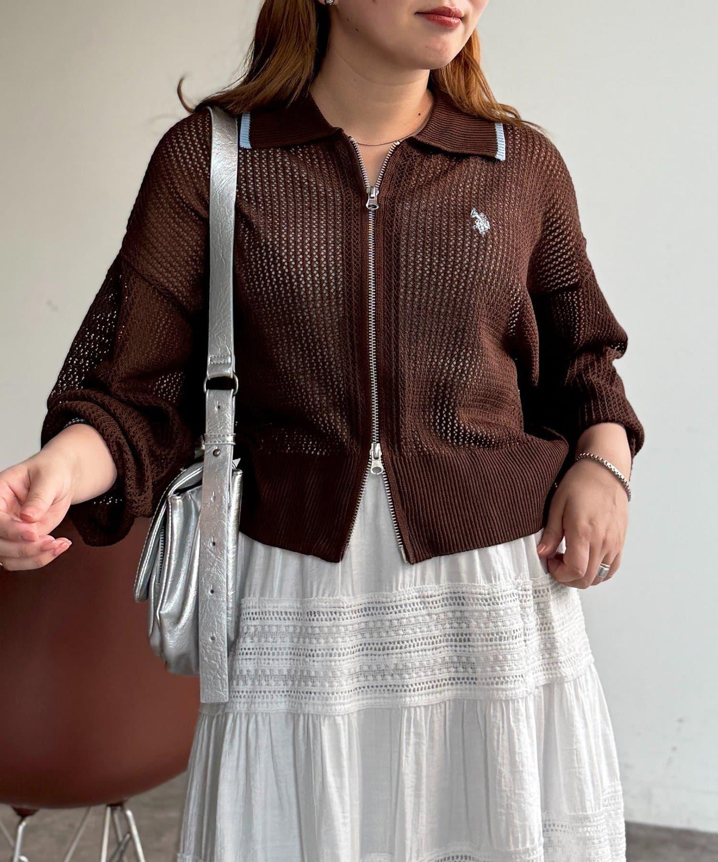 U.S. POLO ASSN. 帶領網眼針織開衫